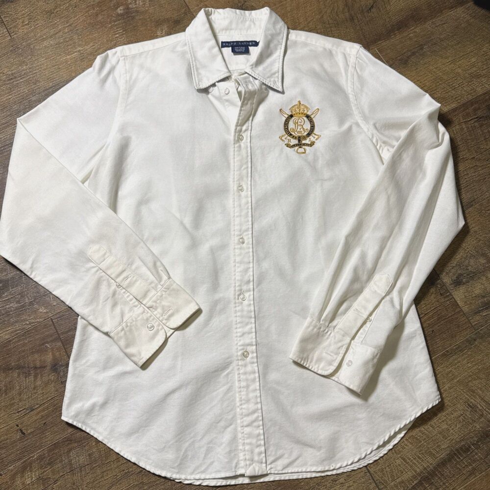 Ralph Lauren Blue Label Women’s 14 White Cotton Crest Button Down Shirt Y2K